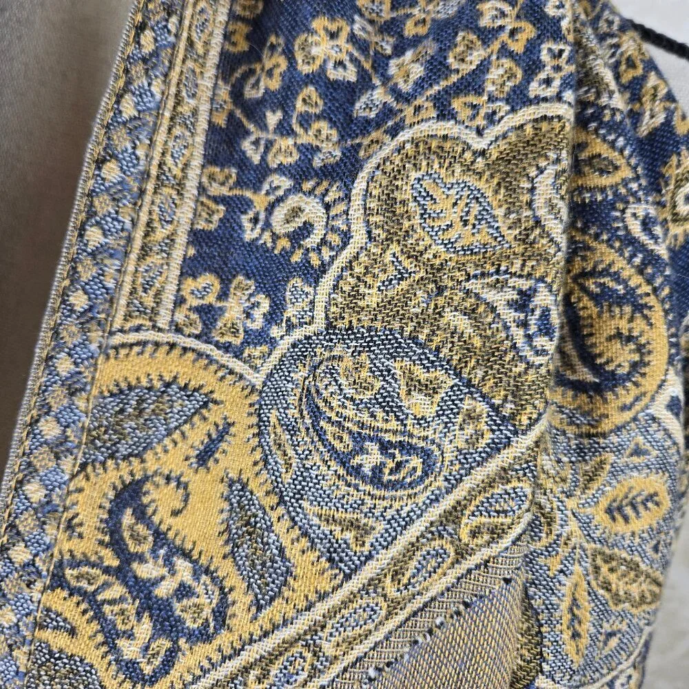 Blue and Gold Paisley and Floral Patterned Oblong Scarf Fringed Ends Feminine